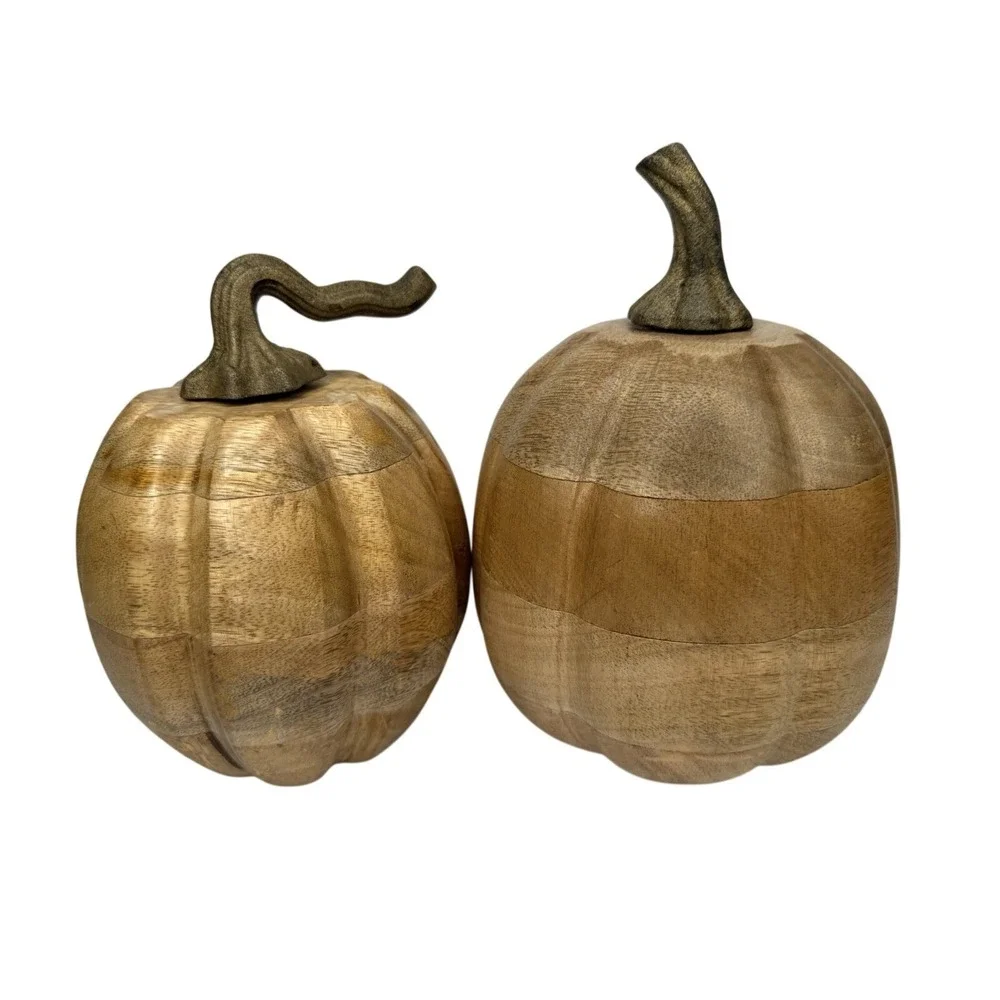 Set of 2 Solid Wood Pumpkins Natural Gourds Rustic Fall Thanksgiving Table Decor
